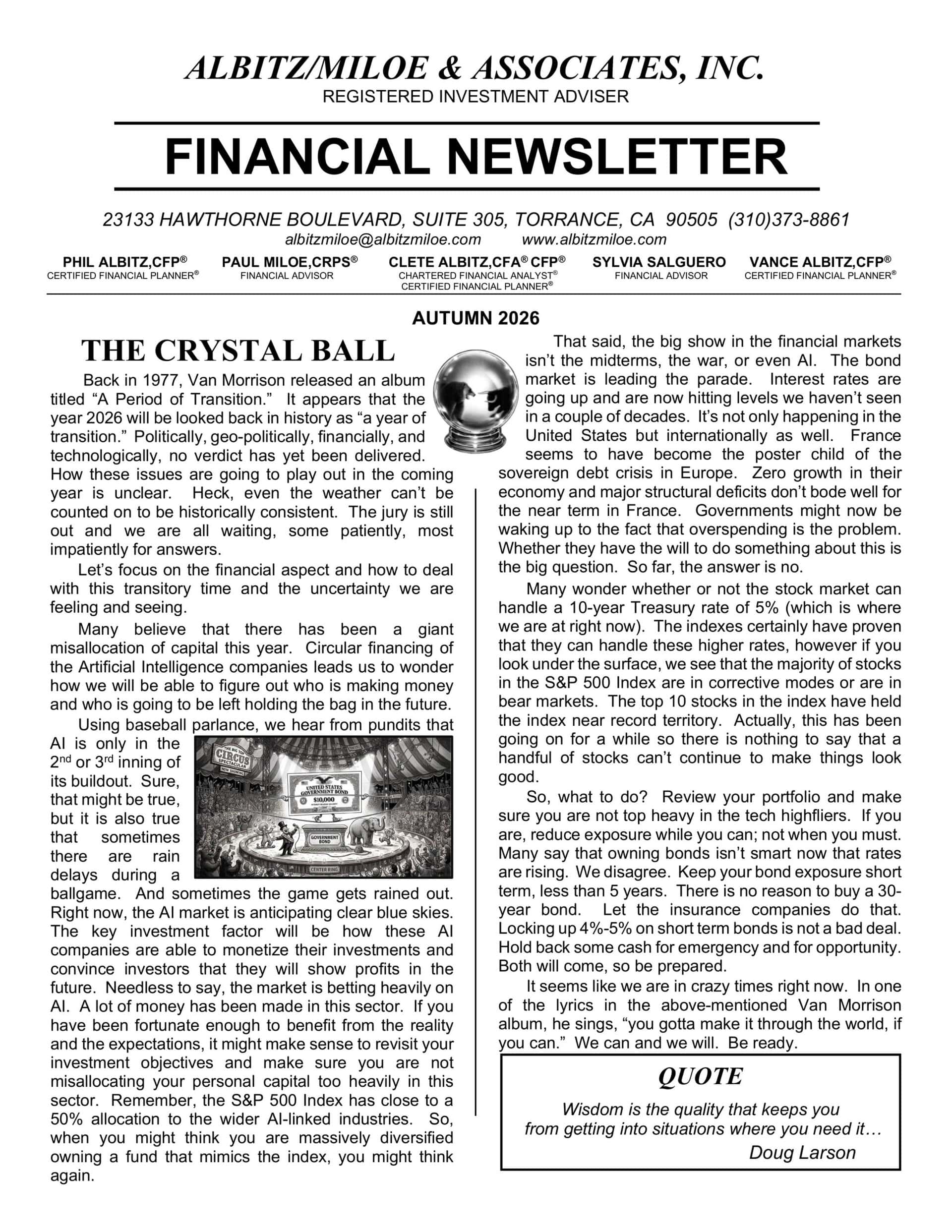 Albitz/Miloe & Associates Autumn 2026 Financial Newsletter, page 1